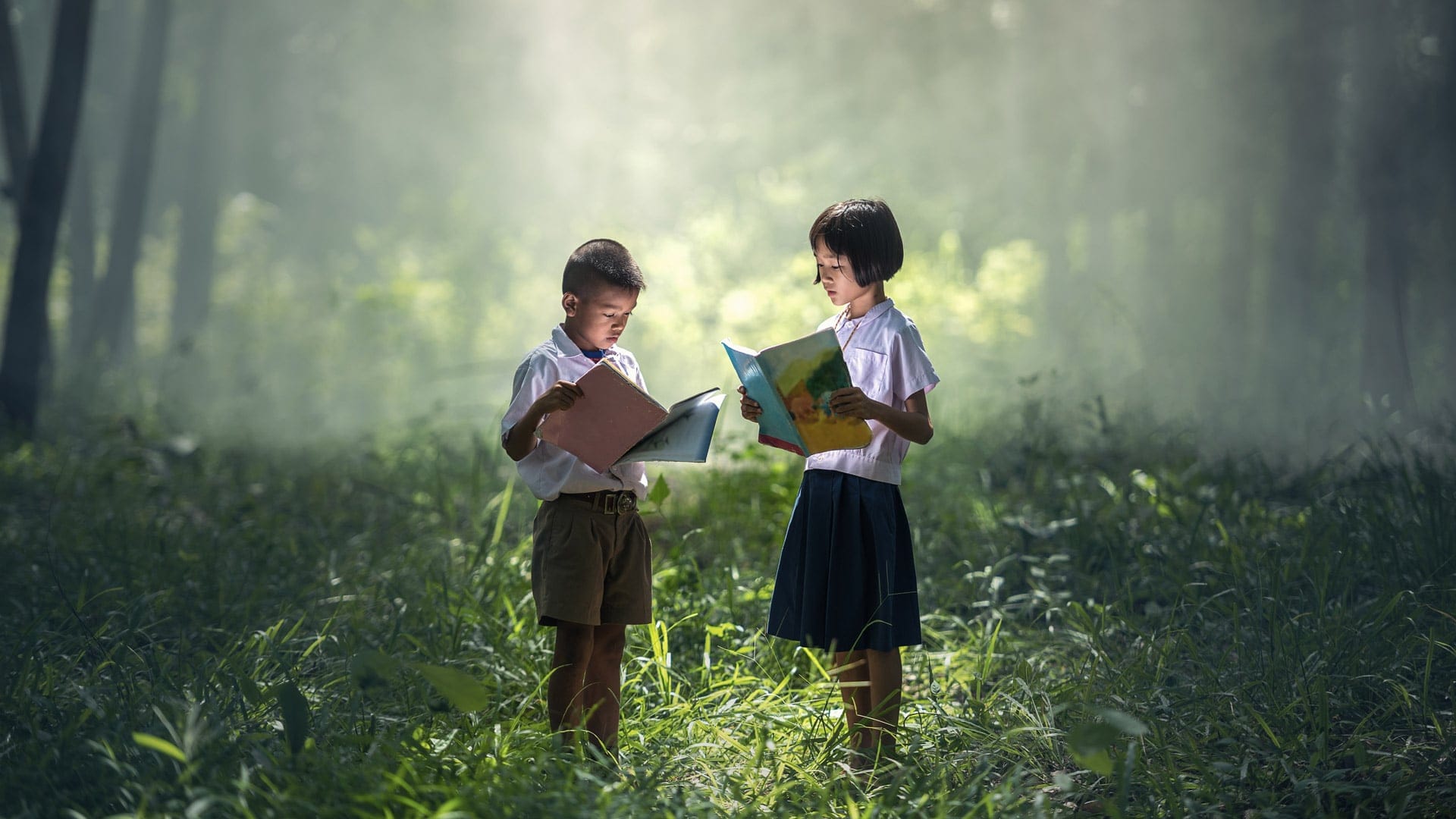 Children in forest reading Roald Dahl